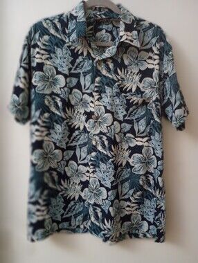 Men's Navy Floral Short-Sleeve Shirt - Blue White Tropical Print